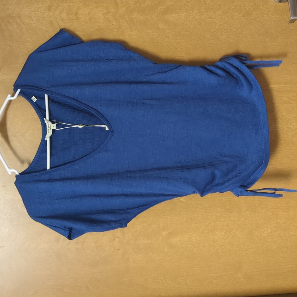 Max Studio London Cobalt Blue Ruched Top Women’s Large Textured Cap Sleeve NWT
